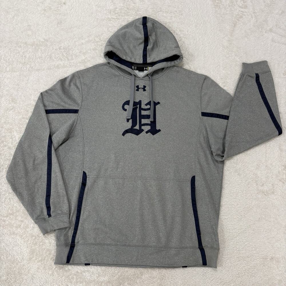 Under Armour Hoodie Mens Large Gray Navy Loose Fit Pullover Big Logo Sweatshirt